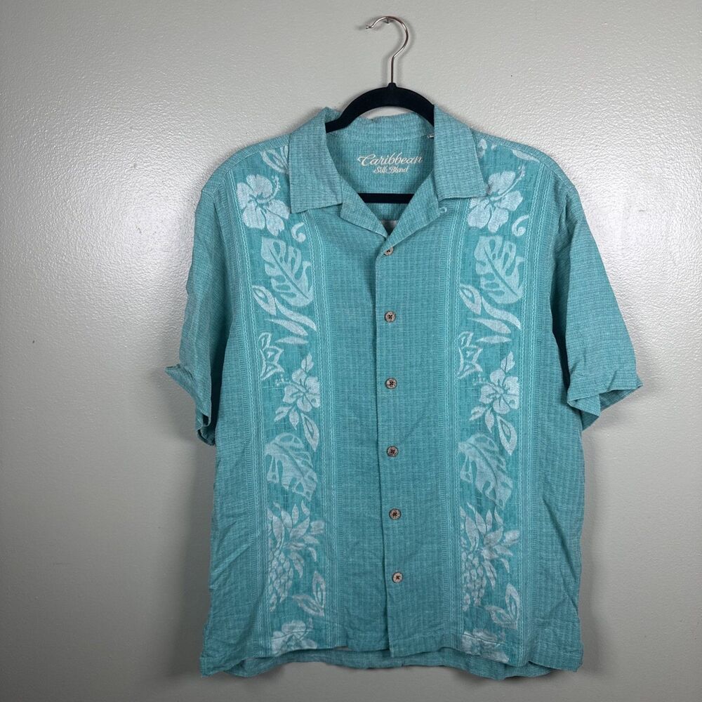 Caribbean Silk Blend Hawaiian Shirt Teal Aqua Blue Men’s Size Medium‎ Button Up